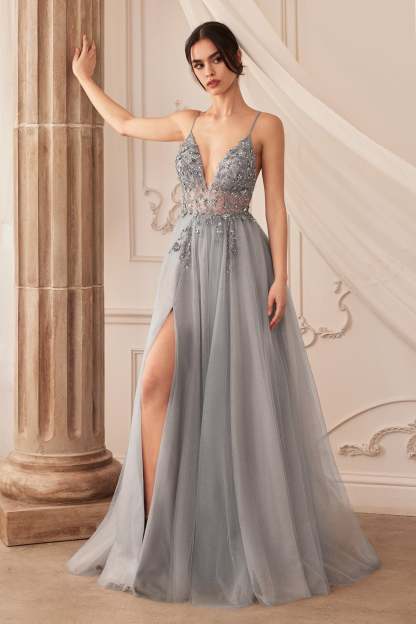 Sexy V-Front Floral Beading Strap Tulle Gown #A0672