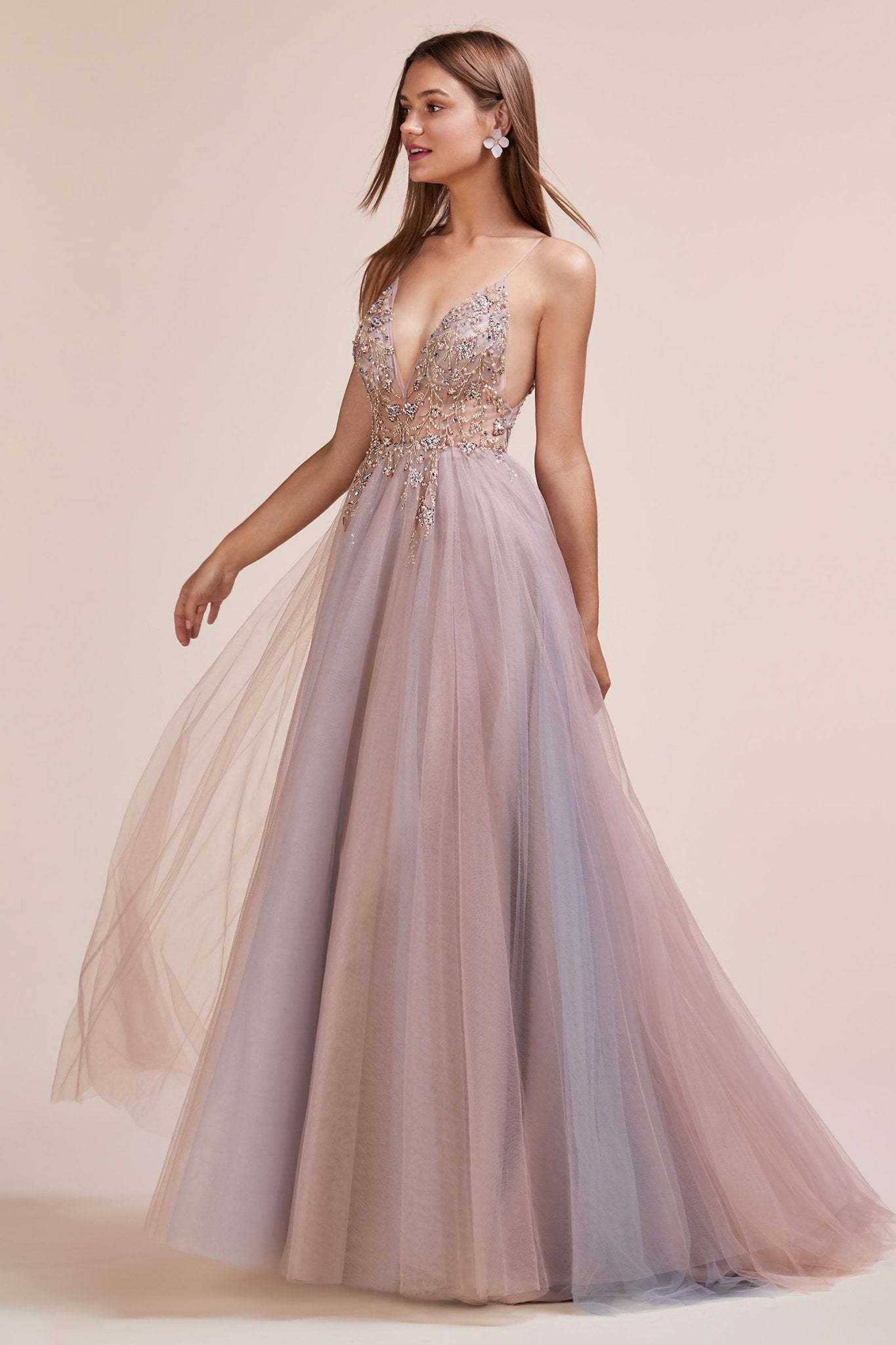 Sexy V-Front Floral Beading Strap Tulle Gown #A0672