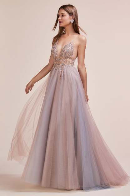 Sexy V-Front Floral Beading Strap Tulle Gown #A0672
