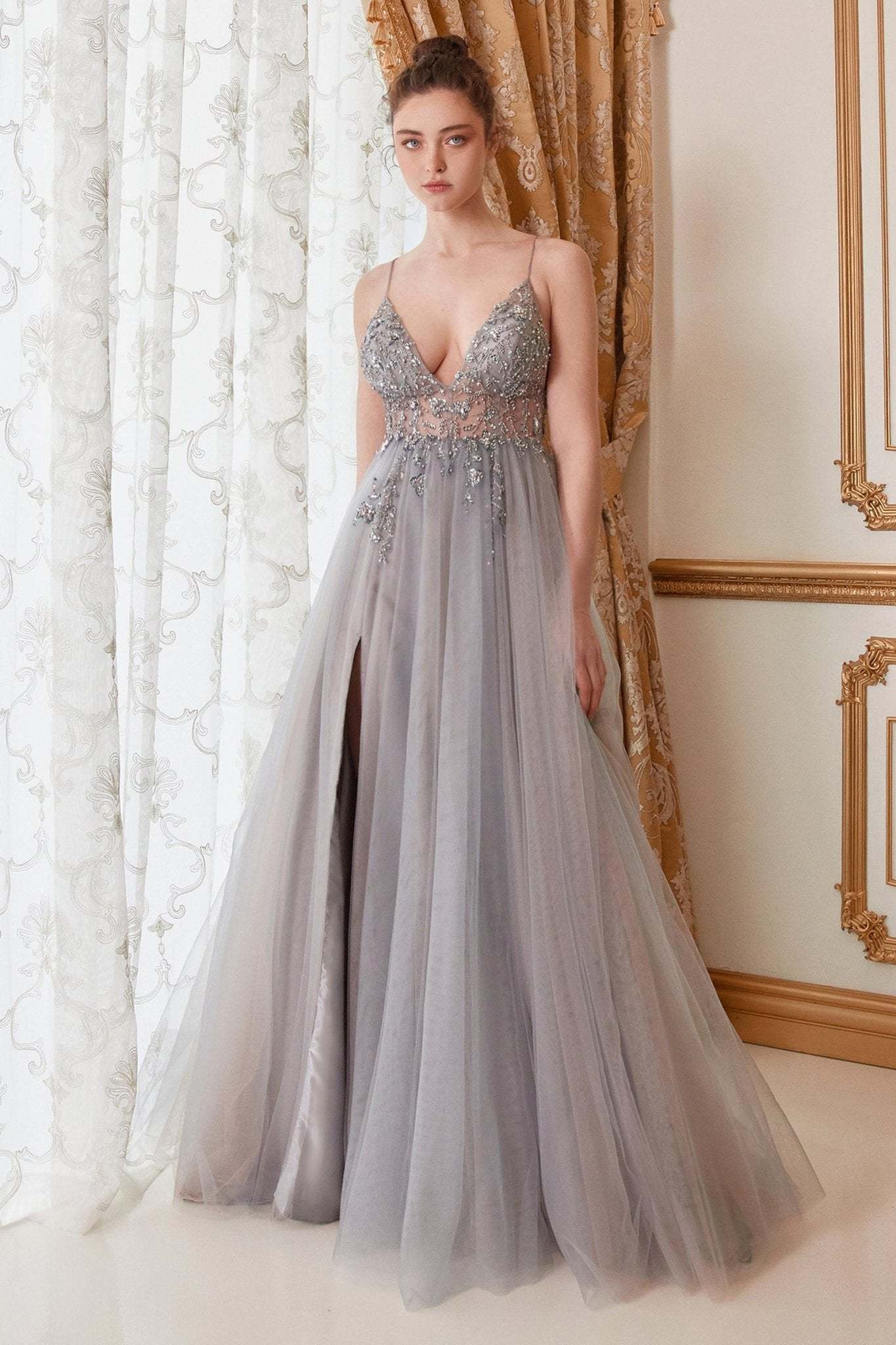 Sexy V-Front Floral Beading Strap Tulle Gown #A0672
