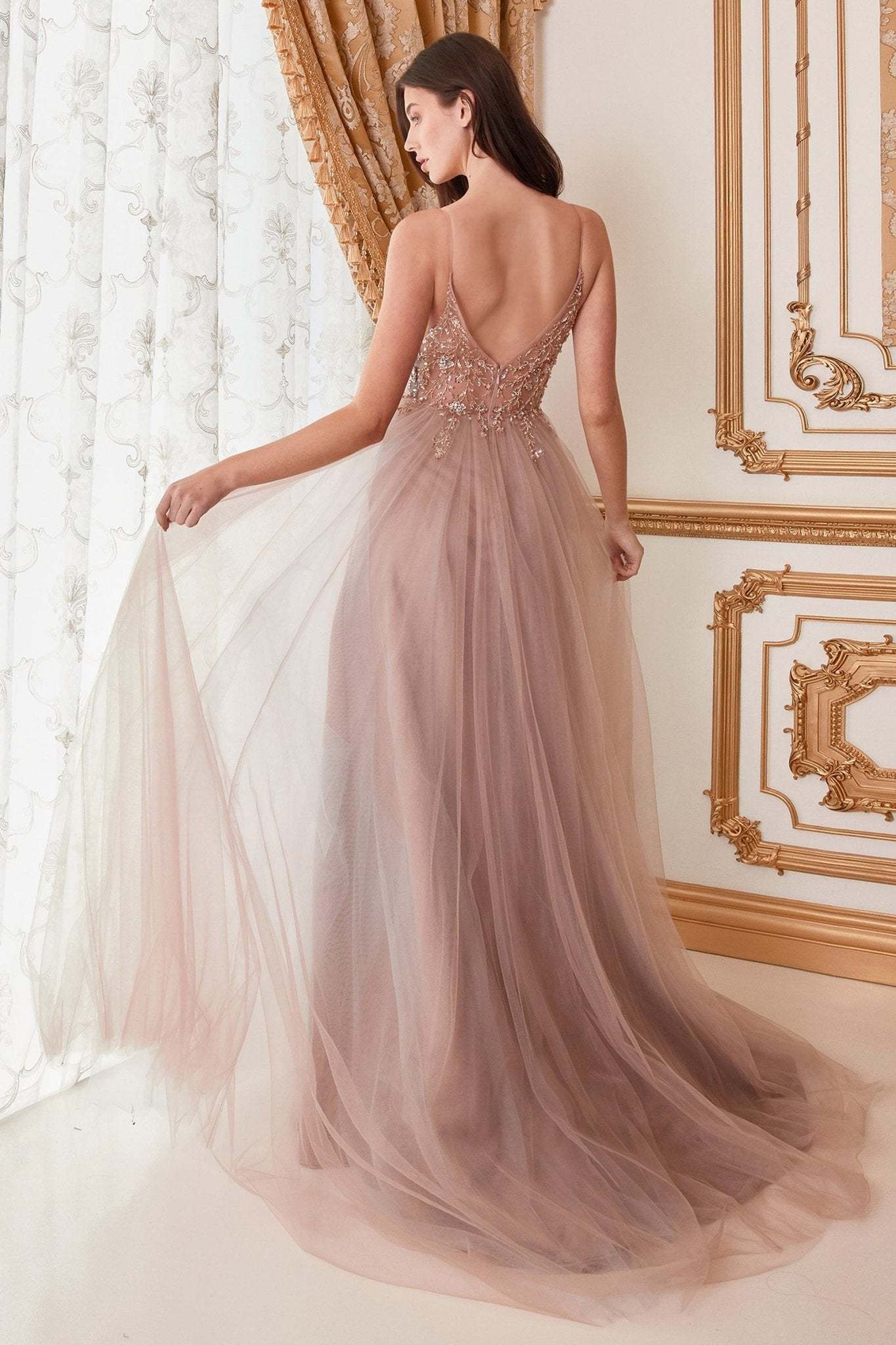 Sexy V-Front Floral Beading Strap Tulle Gown #A0672