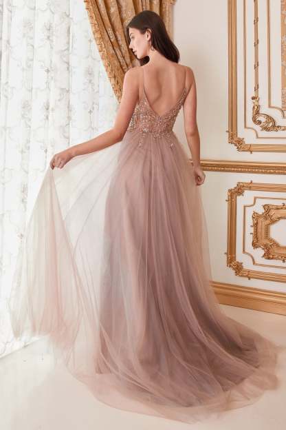 Sexy V-Front Floral Beading Strap Tulle Gown #A0672
