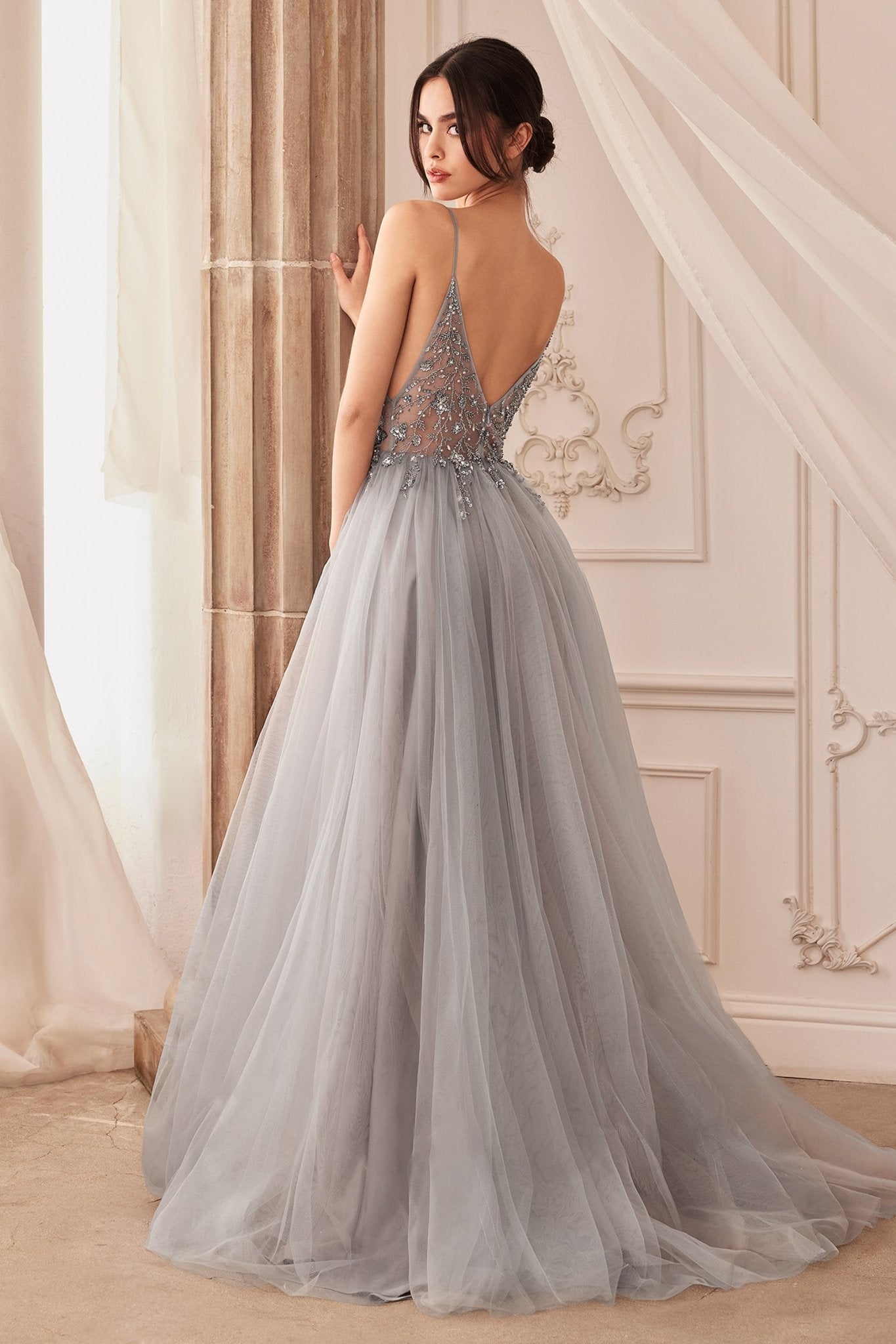 Sexy V-Front Floral Beading Strap Tulle Gown #A0672