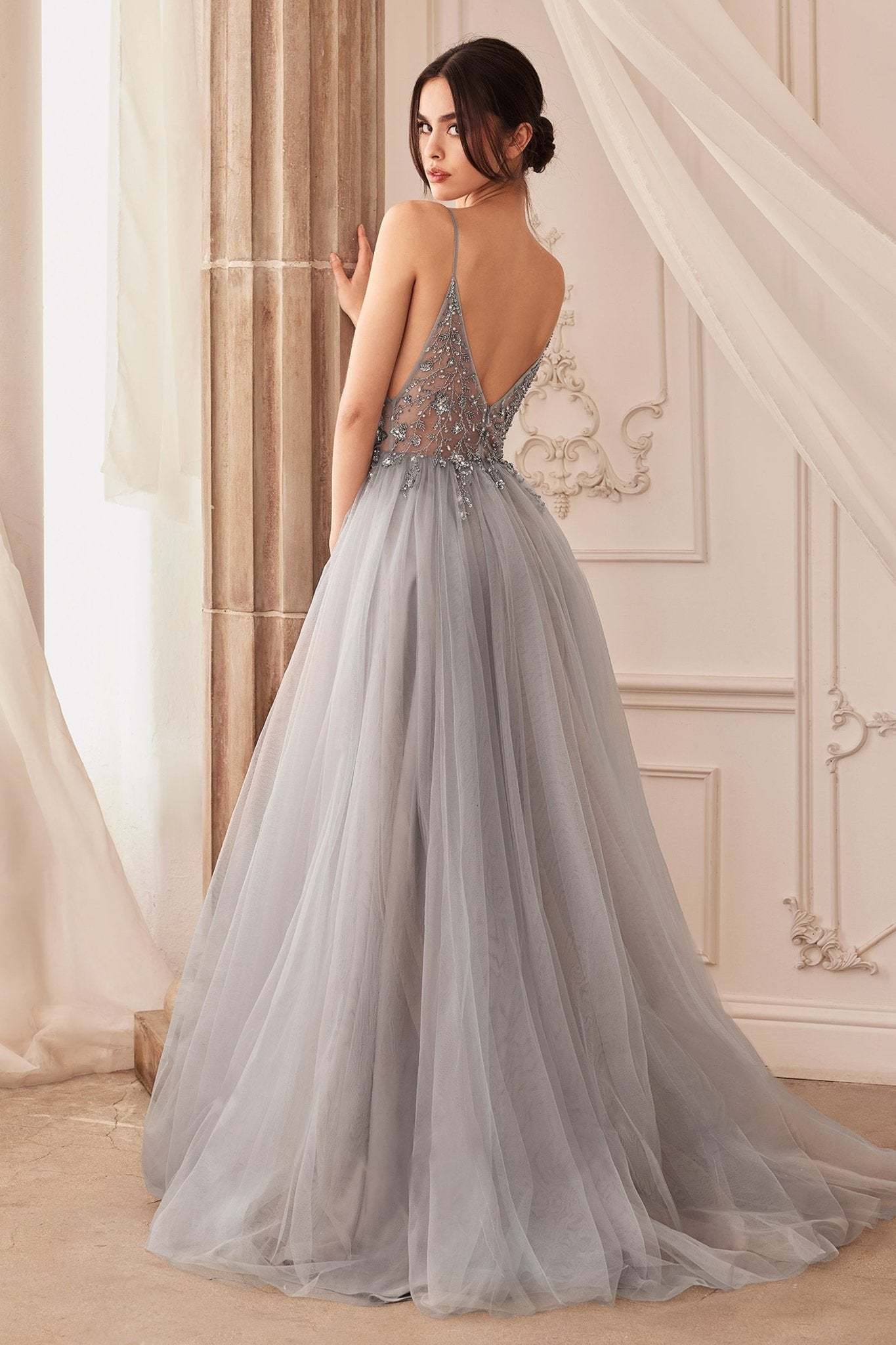 Sexy V-Front Floral Beading Strap Tulle Gown #A0672