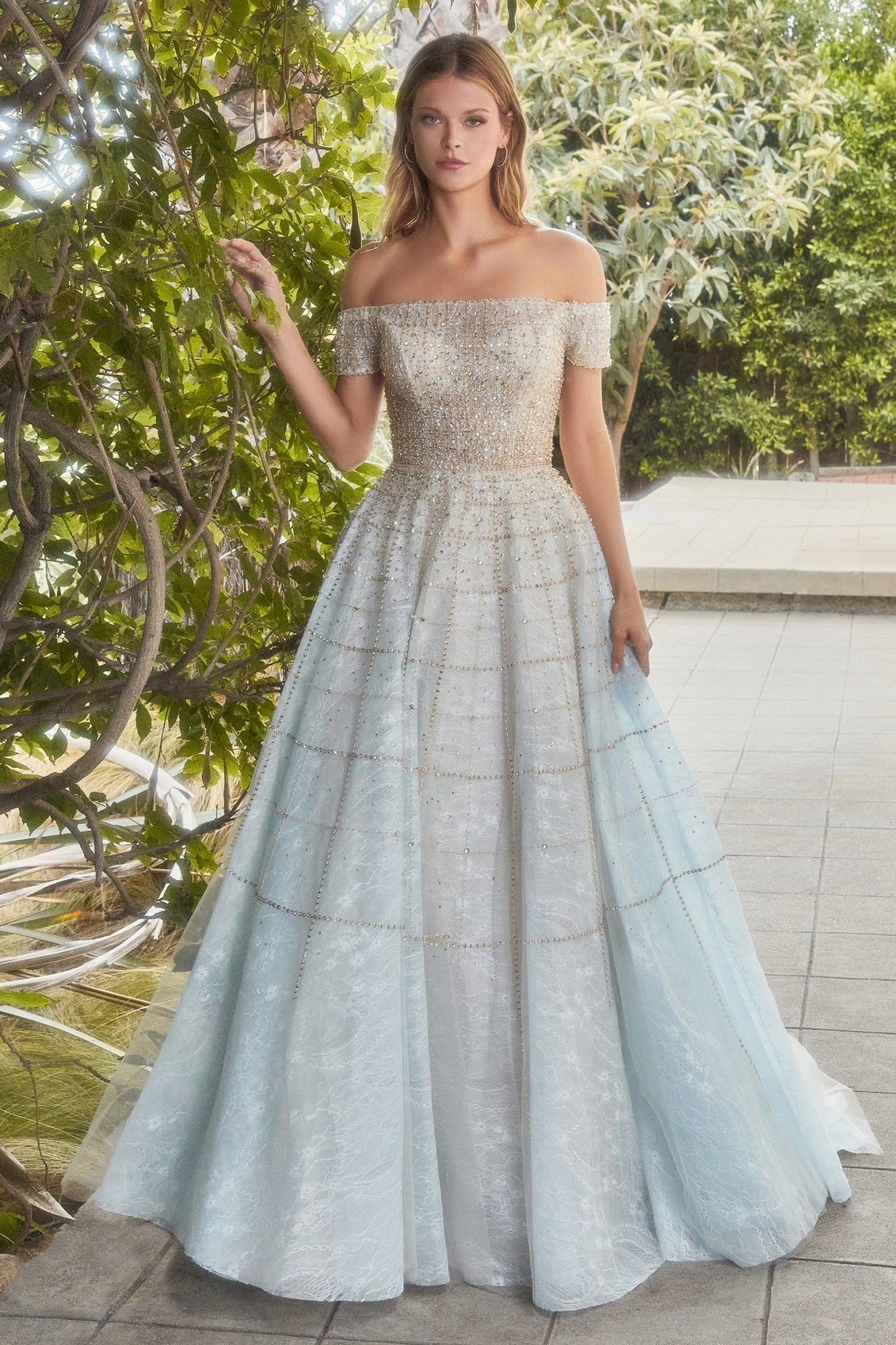 Dreamy Off The Shoulder Lace Layers Beaded Geometric Pattern Ball Gown #A0724