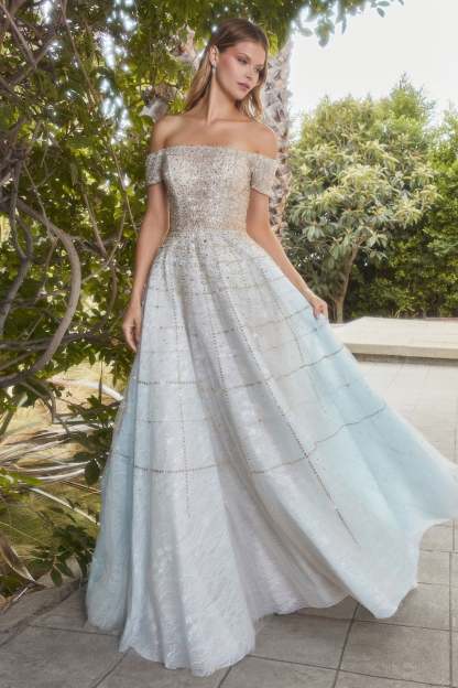 Dreamy Off The Shoulder Lace Layers Beaded Geometric Pattern Ball Gown #A0724