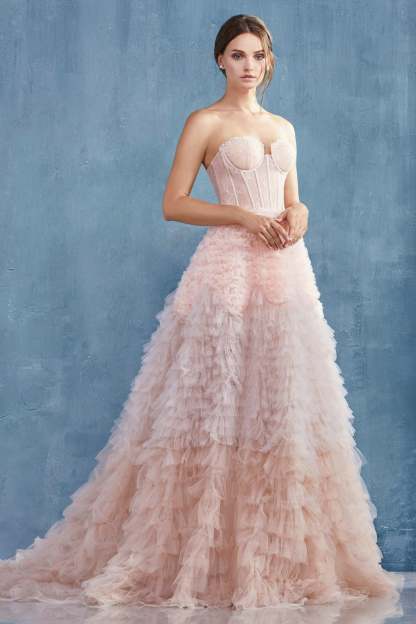 Breathtaking Strapless Faux Corset W/ Ruffled Ombre Ball Gown #A0767