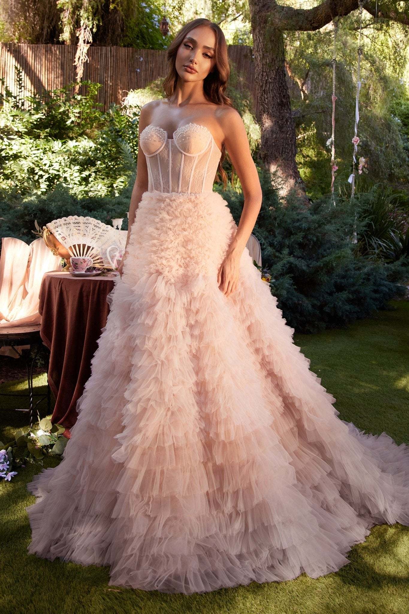 Breathtaking Strapless Faux Corset W/ Ruffled Ombre Ball Gown #A0767