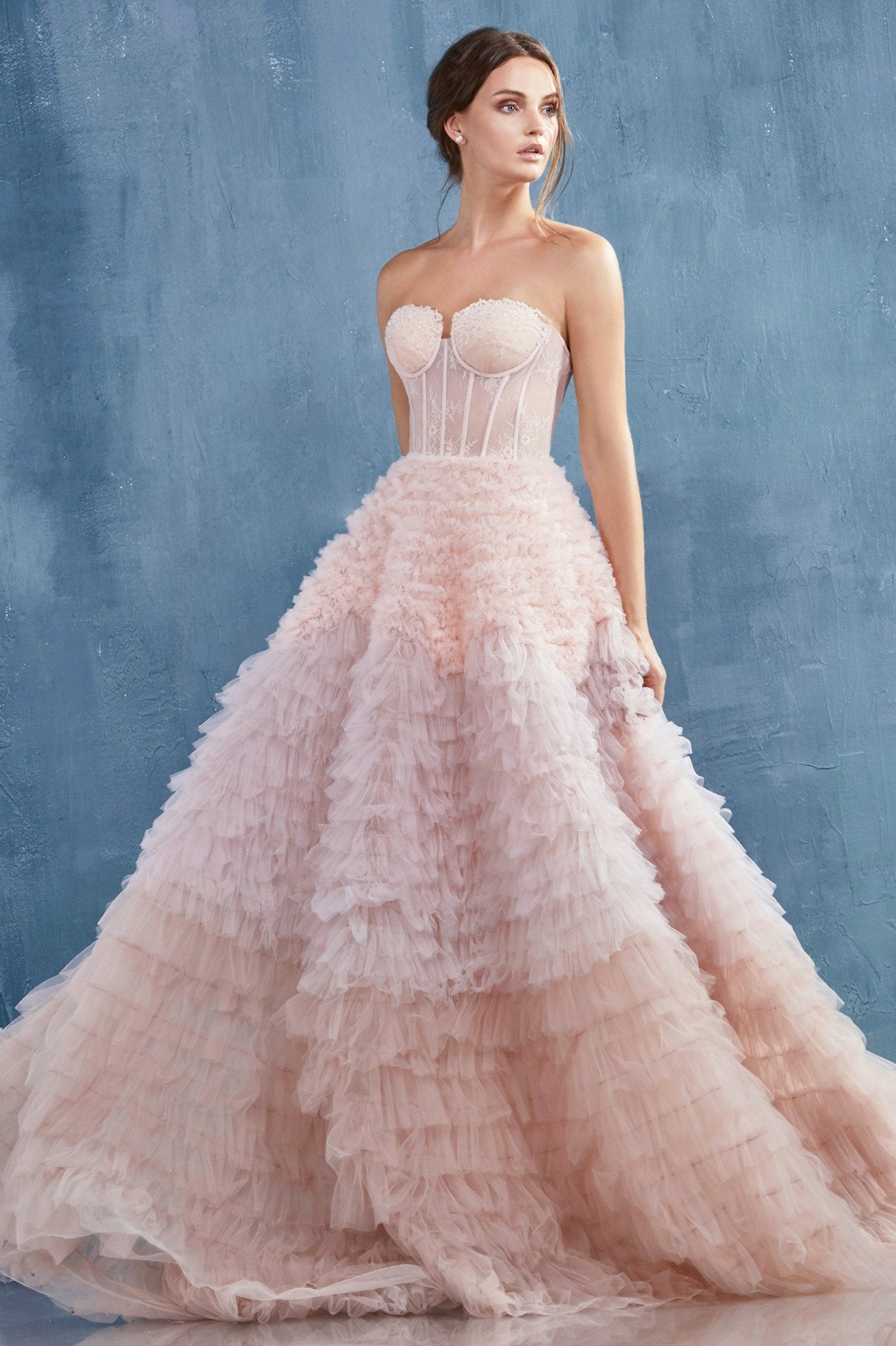Breathtaking Strapless Faux Corset W/ Ruffled Ombre Ball Gown #A0767