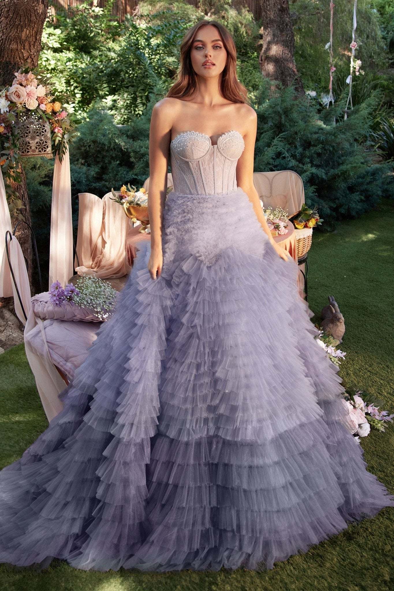 Breathtaking Strapless Faux Corset W/ Ruffled Ombre Ball Gown #A0767