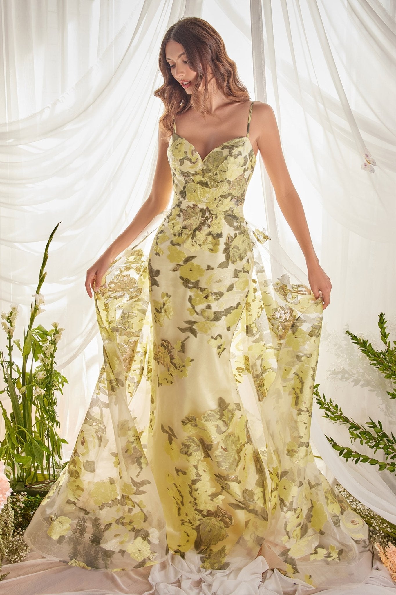 Glamour Fitted Sweetheart Organza Yellow Floral Printed Gown #A0770