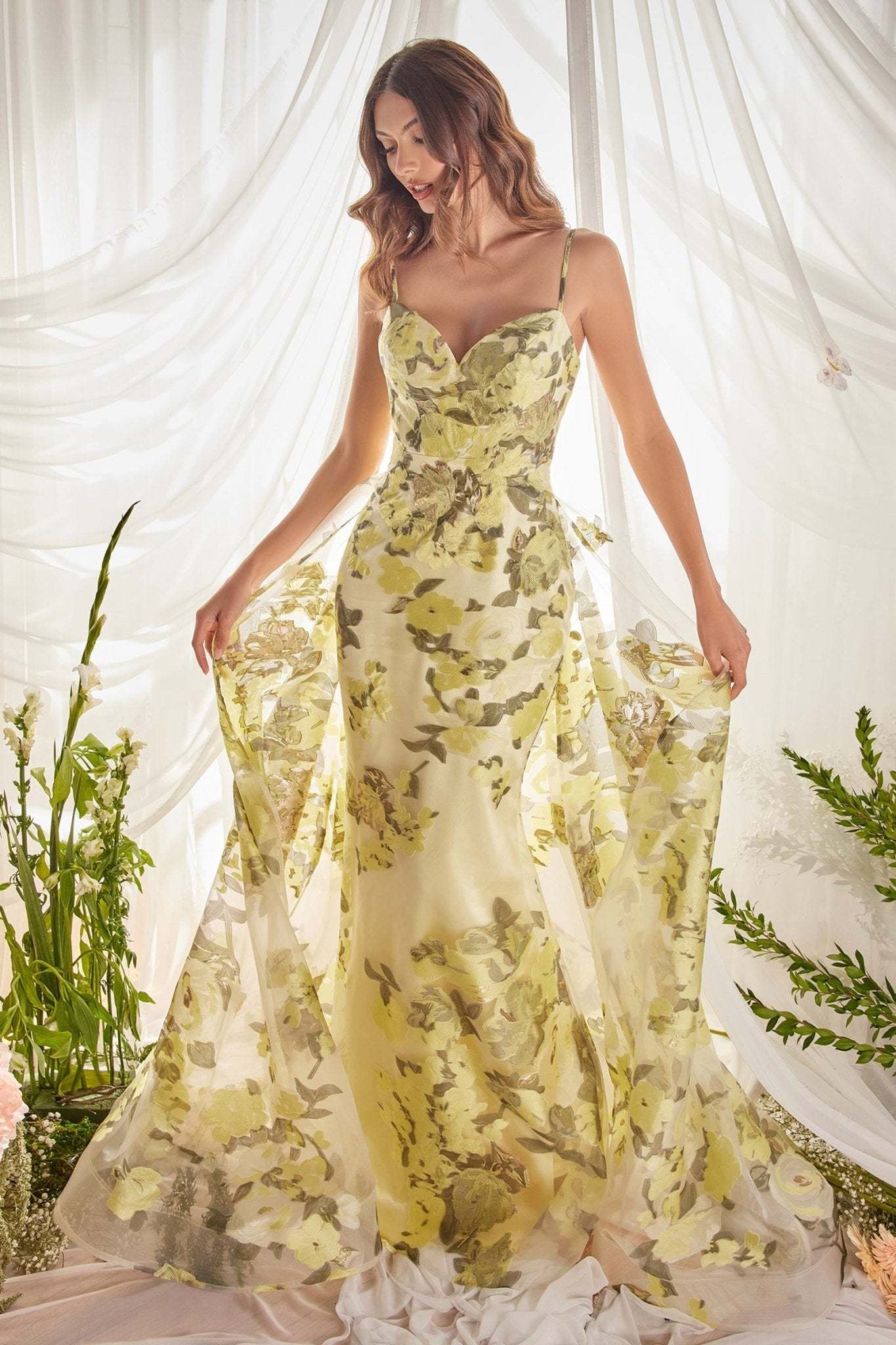 Glamour Fitted Sweetheart Organza Yellow Floral Printed Gown #A0770