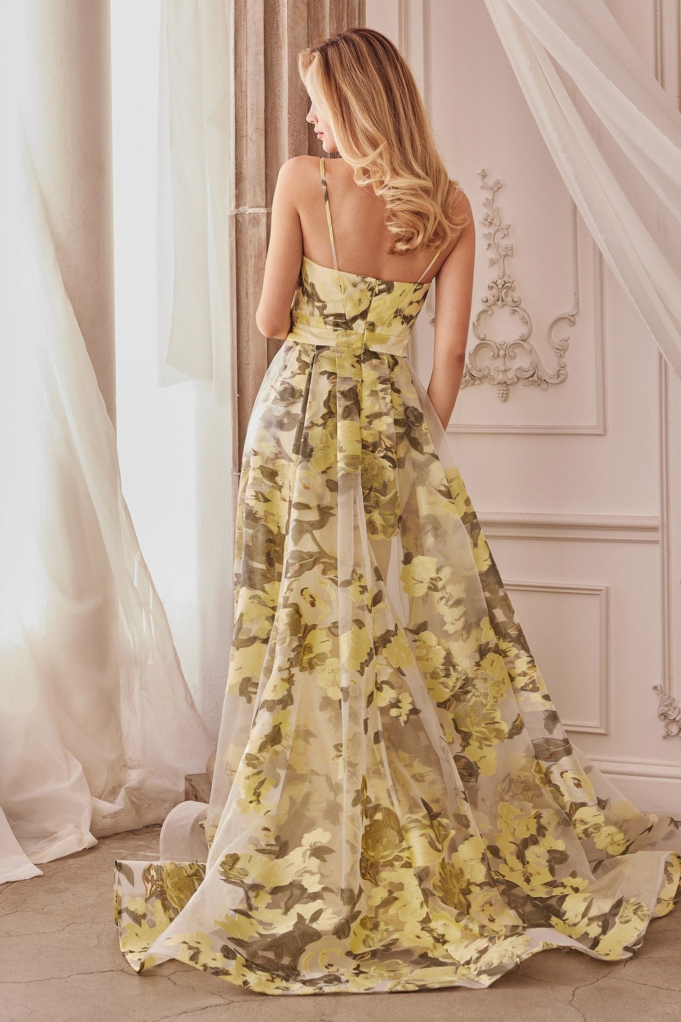 Glamour Fitted Sweetheart Organza Yellow Floral Printed Gown #A0770