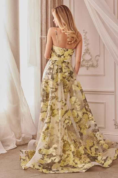 Glamour Fitted Sweetheart Organza Yellow Floral Printed Gown #A0770
