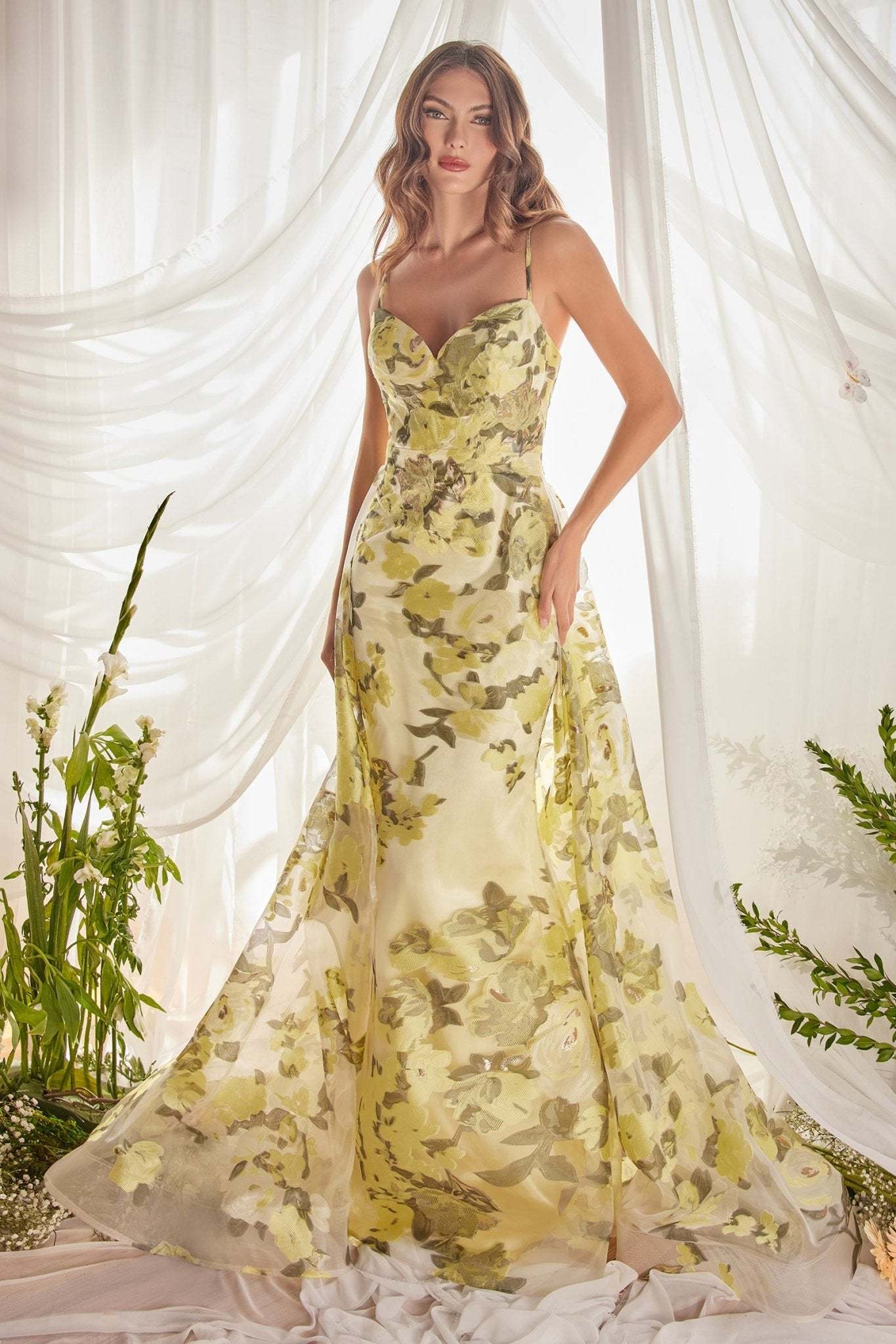 Glamour Fitted Sweetheart Organza Yellow Floral Printed Gown #A0770