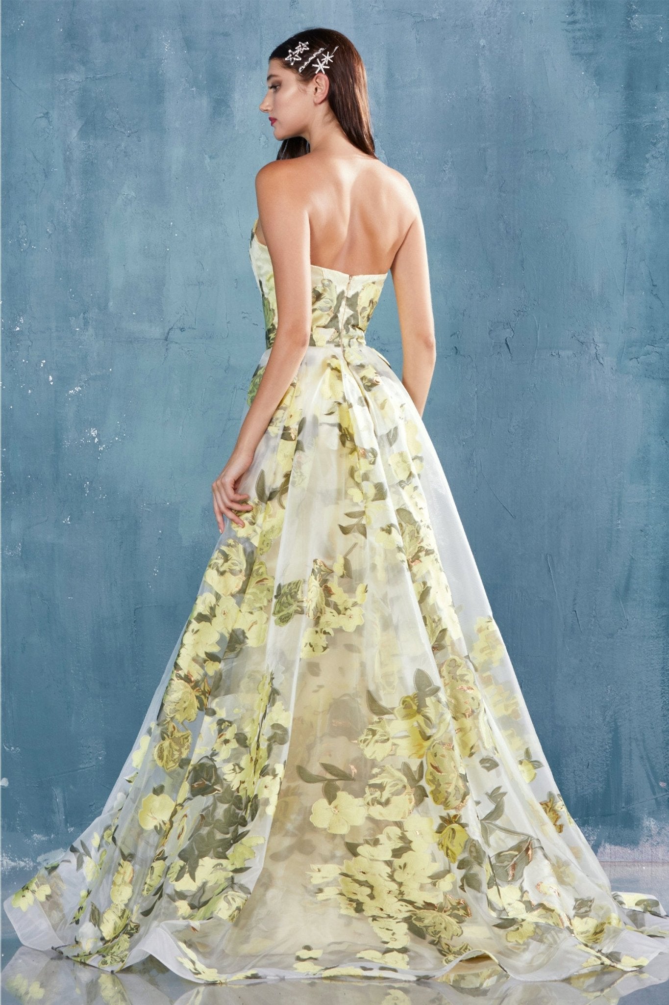 Glamour Fitted Sweetheart Organza Yellow Floral Printed Gown #A0770