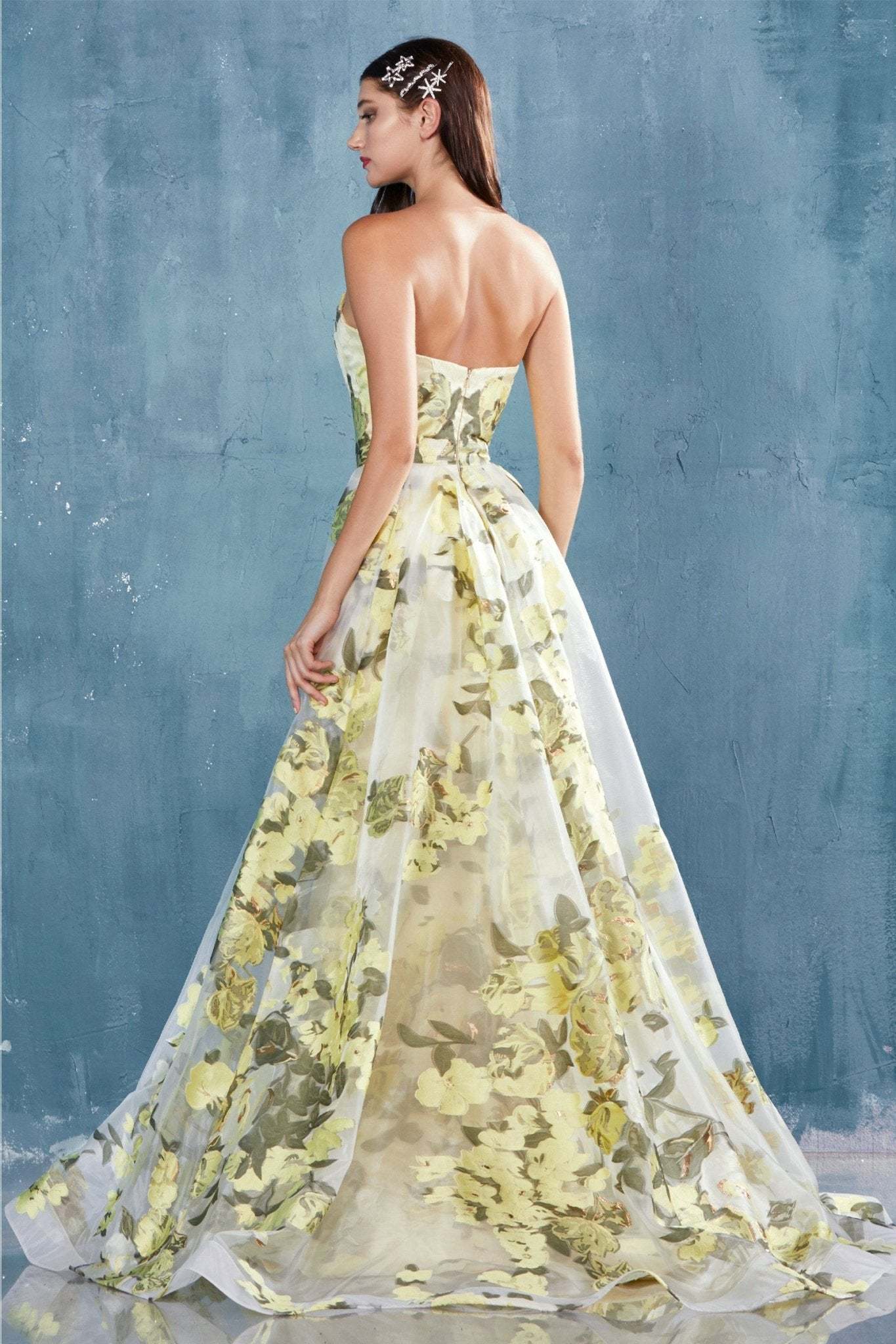 Glamour Fitted Sweetheart Organza Yellow Floral Printed Gown #A0770