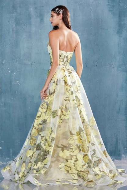 Glamour Fitted Sweetheart Organza Yellow Floral Printed Gown #A0770