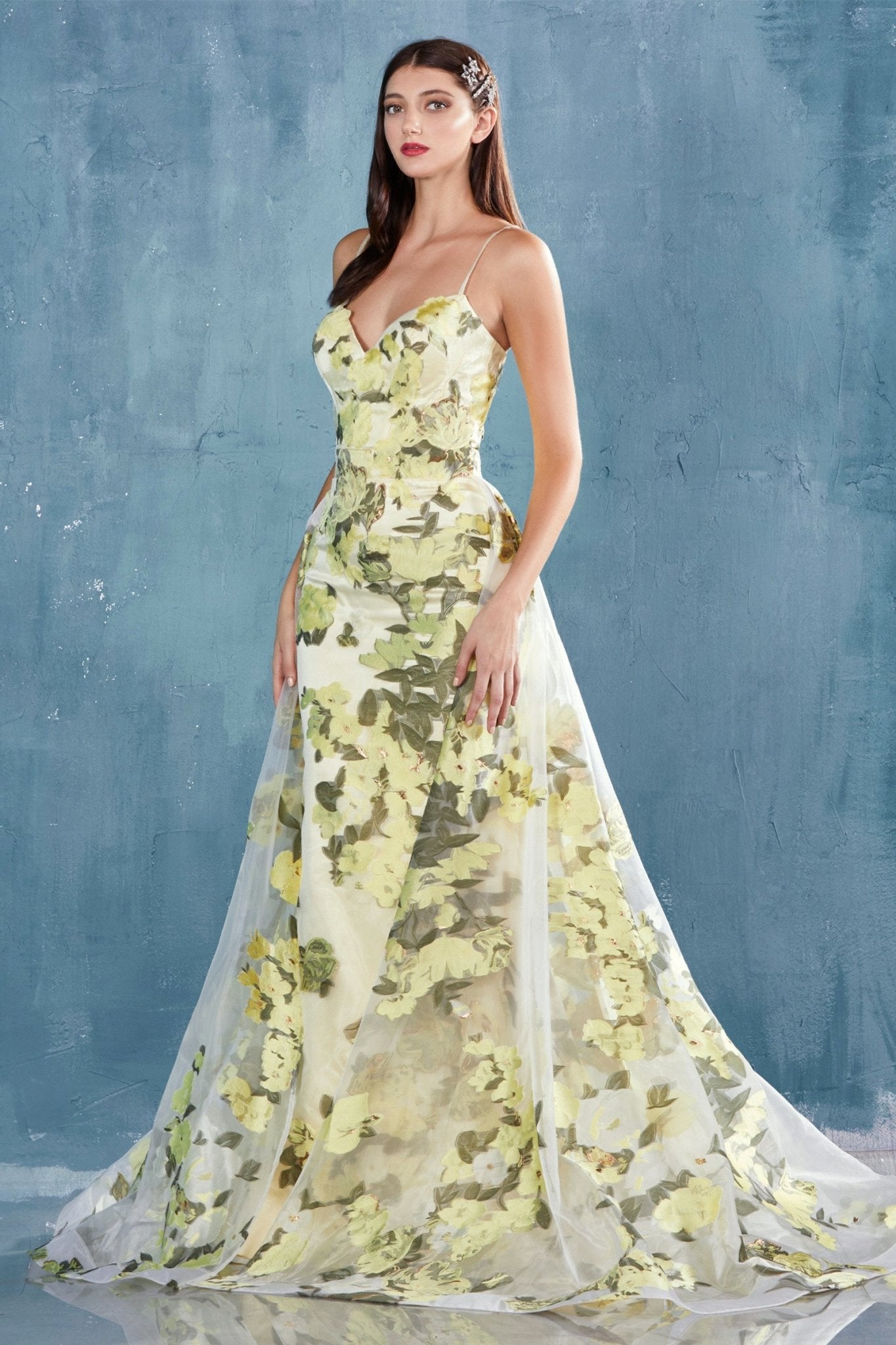 Glamour Fitted Sweetheart Organza Yellow Floral Printed Gown #A0770