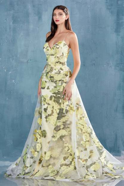 Glamour Fitted Sweetheart Organza Yellow Floral Printed Gown #A0770