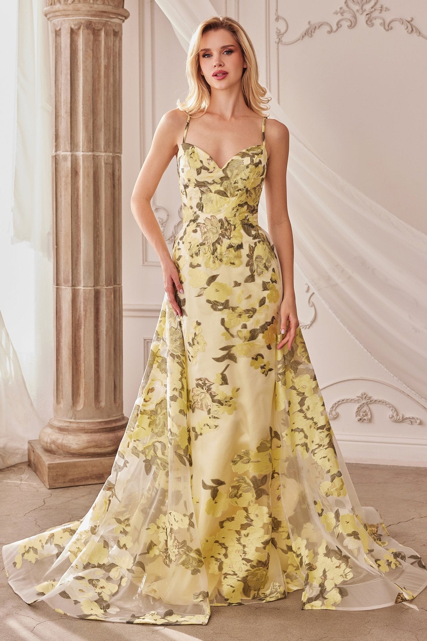 Glamour Fitted Sweetheart Organza Yellow Floral Printed Gown #A0770