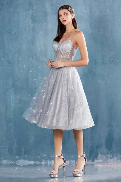 Elegance A-Line Thin Straps Layer Tulle Tea-Length Lace-Up Gown #A0823