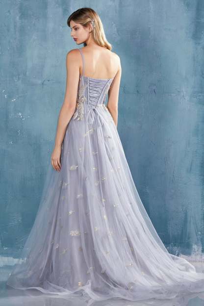 Crafted Spaghetti Strap Tulle Feather Celestial Star Bead Motifs Gown #A0824