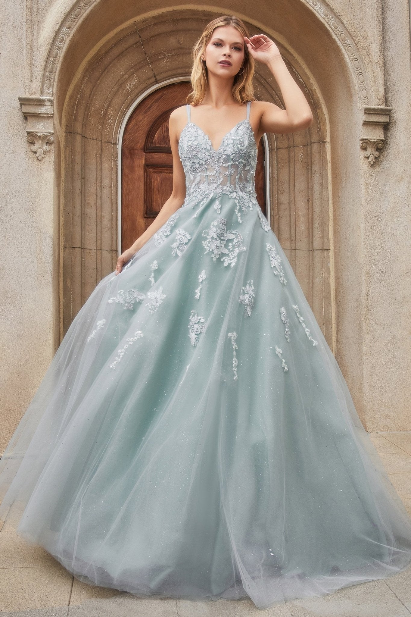 Romance V-Neck Sofia Lace Floral Layered Tulle Skirt Ball Gown #A0892