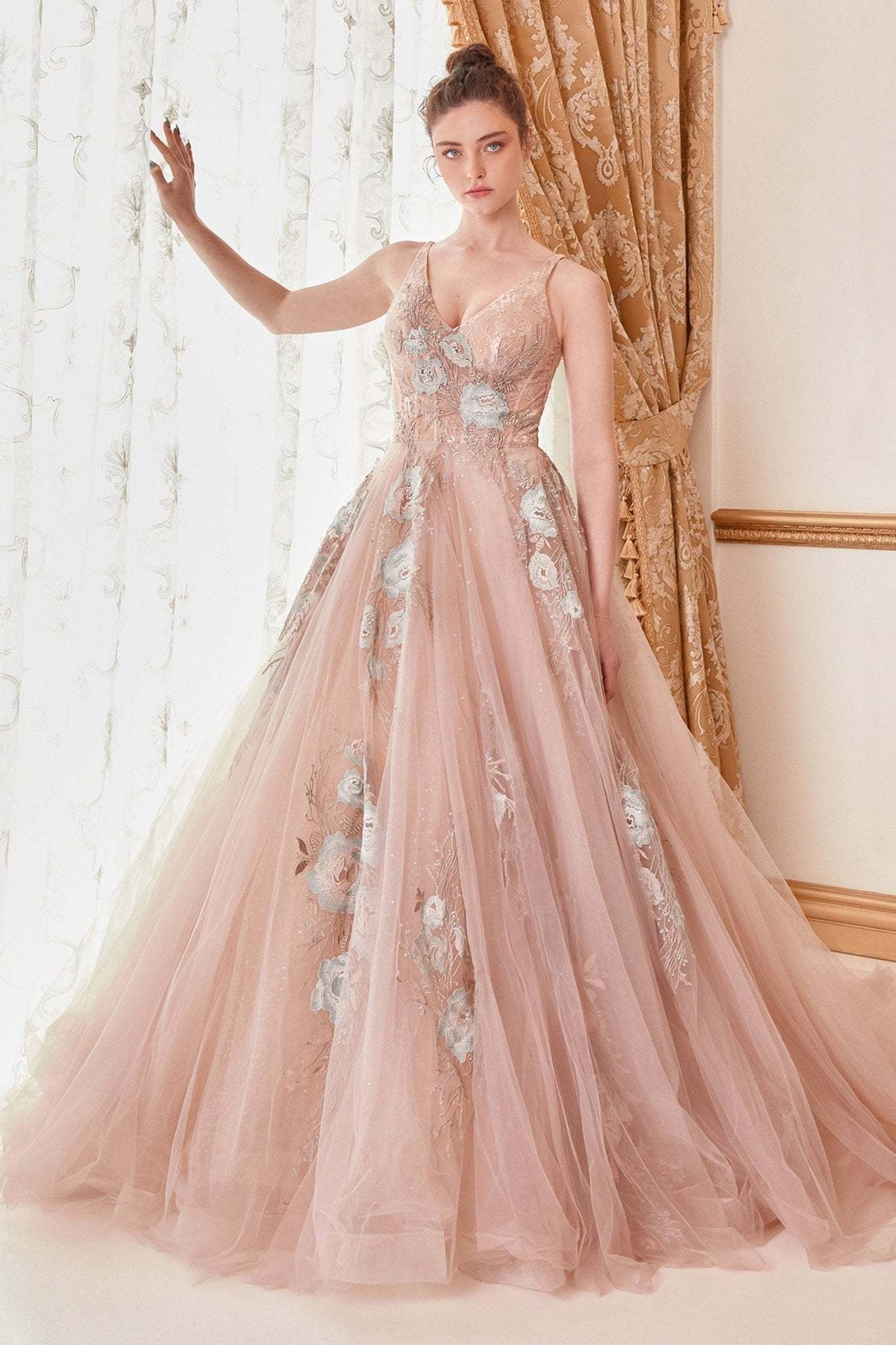 Enchanting V-Neck Beaded Rose Appliques Lilian Ball Gown #A0893