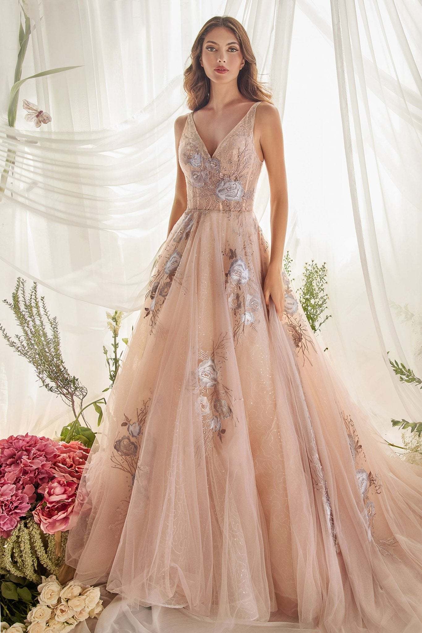 Enchanting V-Neck Beaded Rose Appliques Lilian Ball Gown #A0893