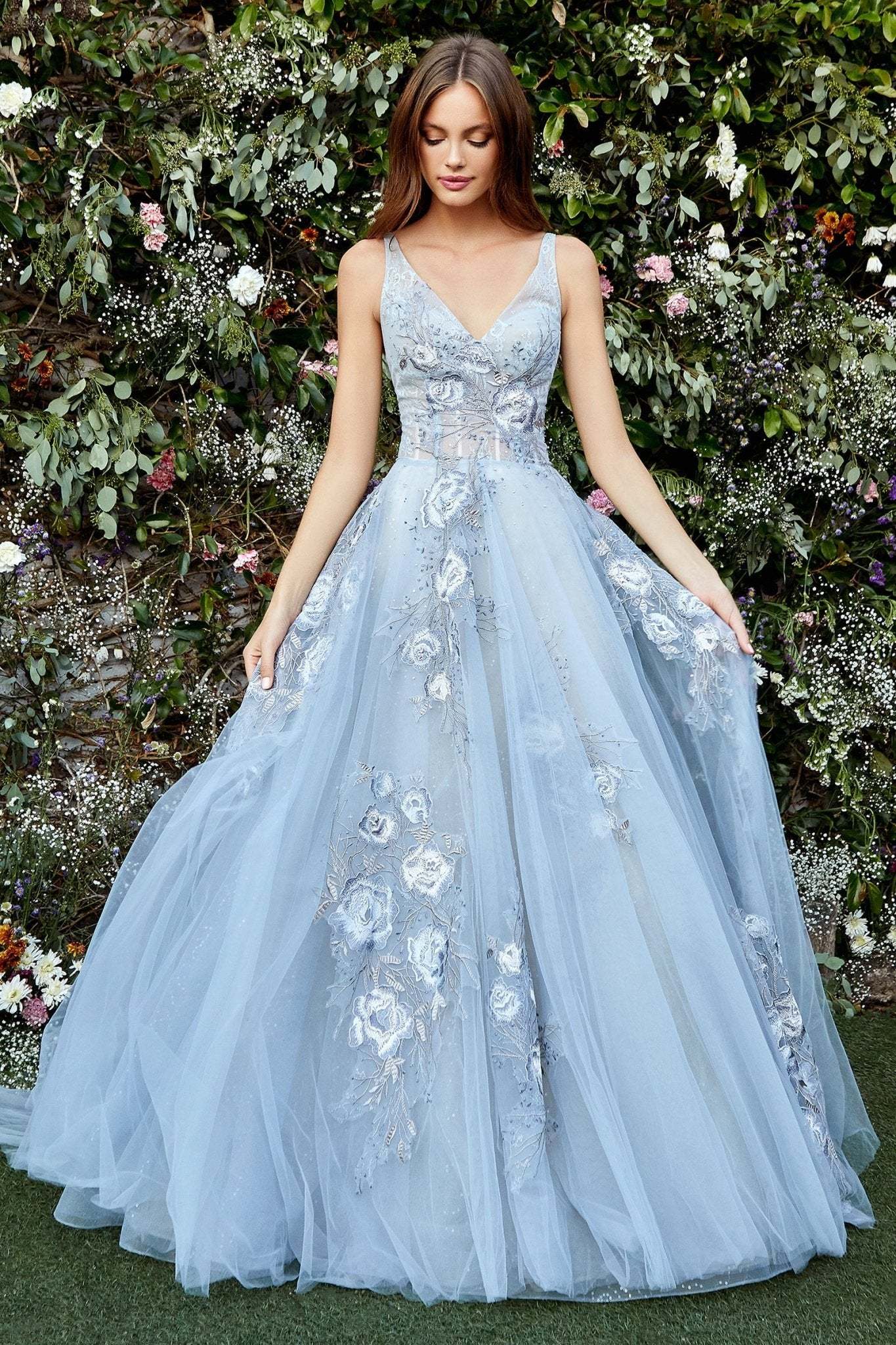 Enchanting V-Neck Beaded Rose Appliques Lilian Ball Gown #A0893