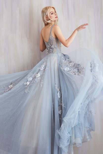 Enchanting V-Neck Beaded Rose Appliques Lilian Ball Gown #A0893