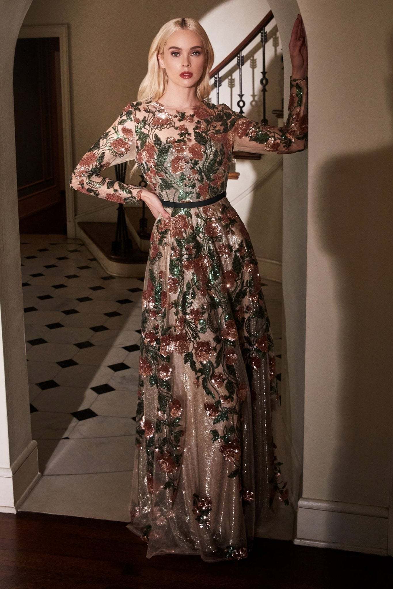 Savannah Long Sleeve Floral Sequined Lace A-Line Gown #A0926