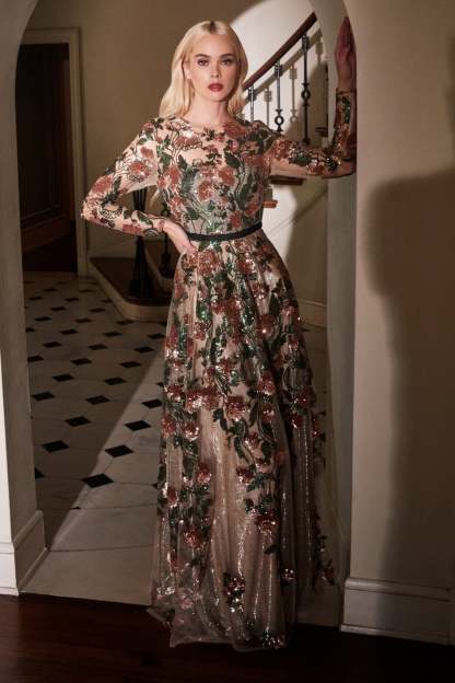 Savannah Long Sleeve Floral Sequined Lace A-Line Gown #A0926