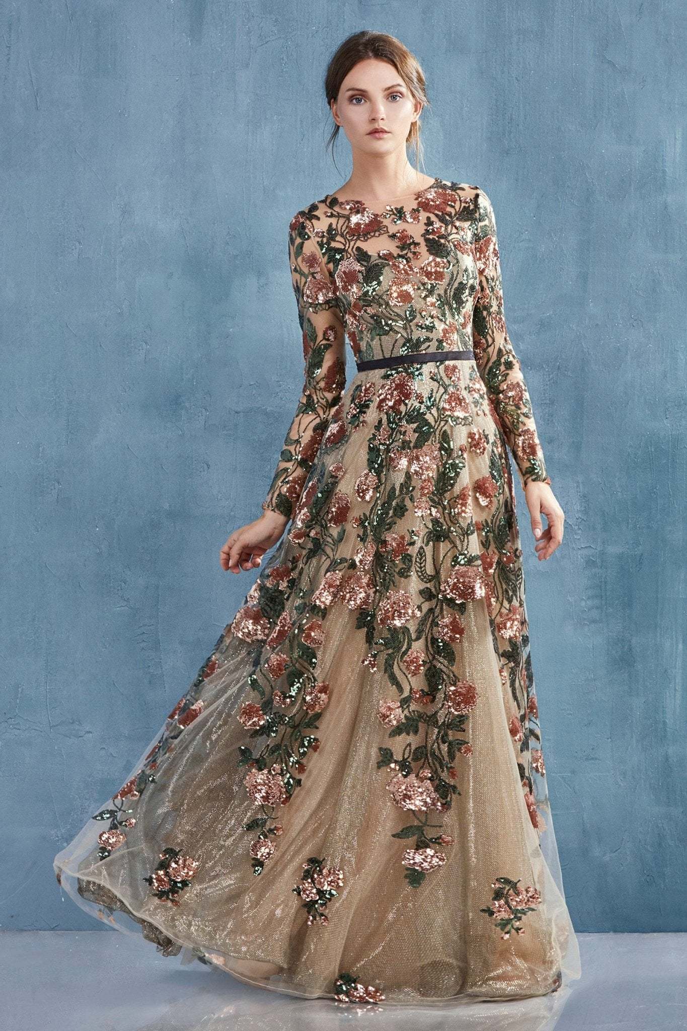 Savannah Long Sleeve Floral Sequined Lace A-Line Gown #A0926