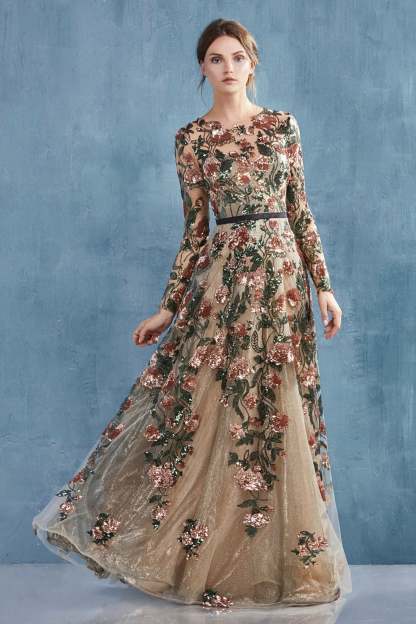 Savannah Long Sleeve Floral Sequined Lace A-Line Gown #A0926