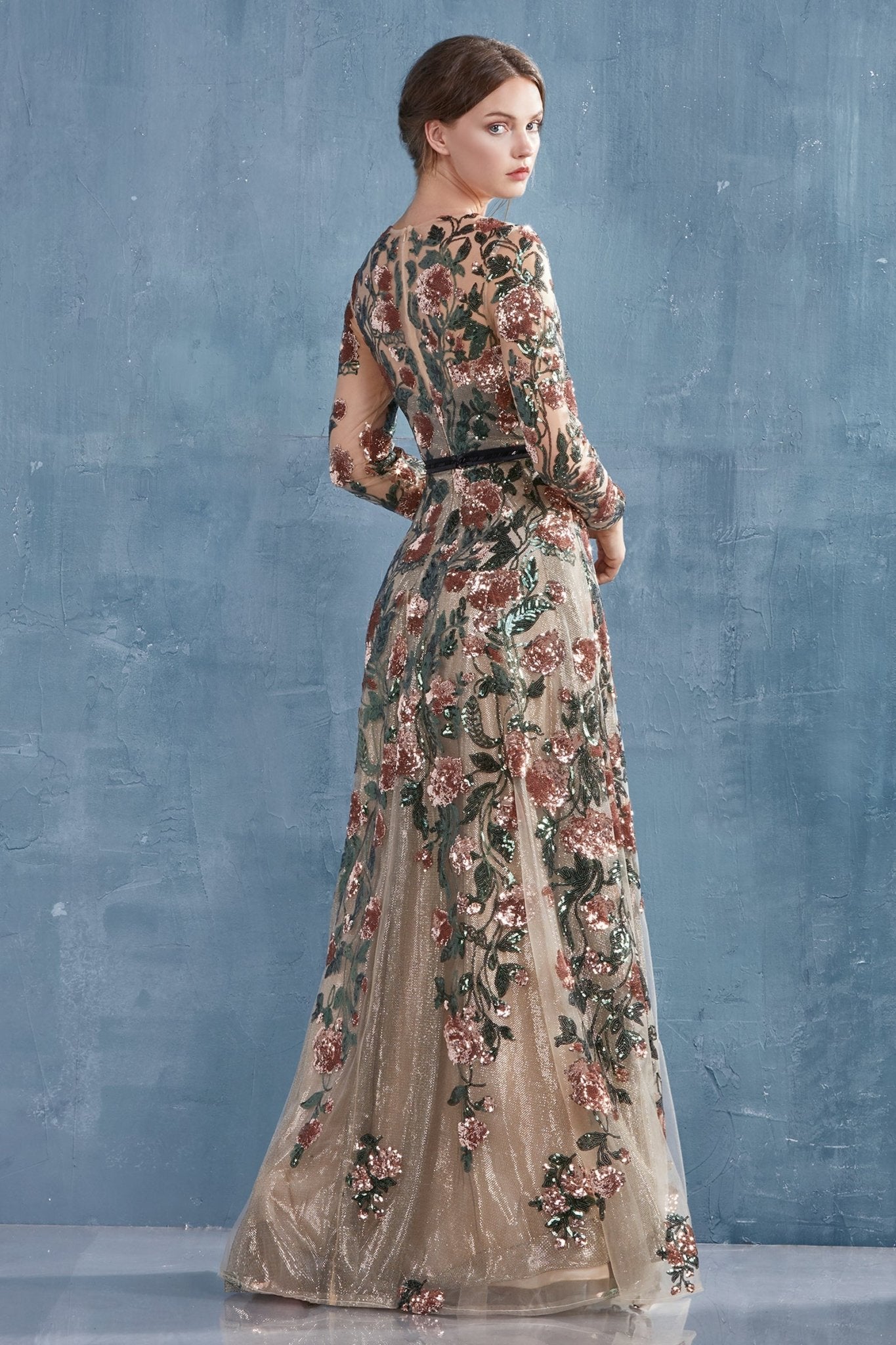 Savannah Long Sleeve Floral Sequined Lace A-Line Gown #A0926