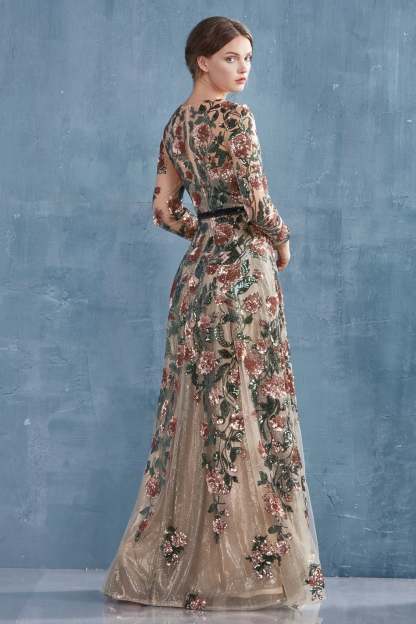 Savannah Long Sleeve Floral Sequined Lace A-Line Gown #A0926