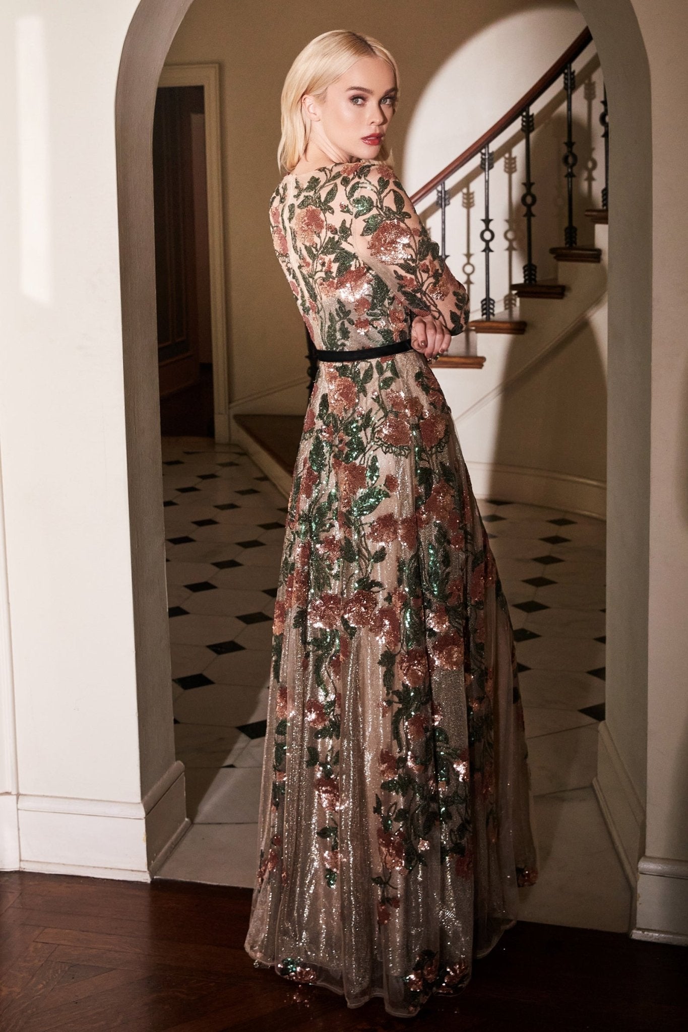 Savannah Long Sleeve Floral Sequined Lace A-Line Gown #A0926