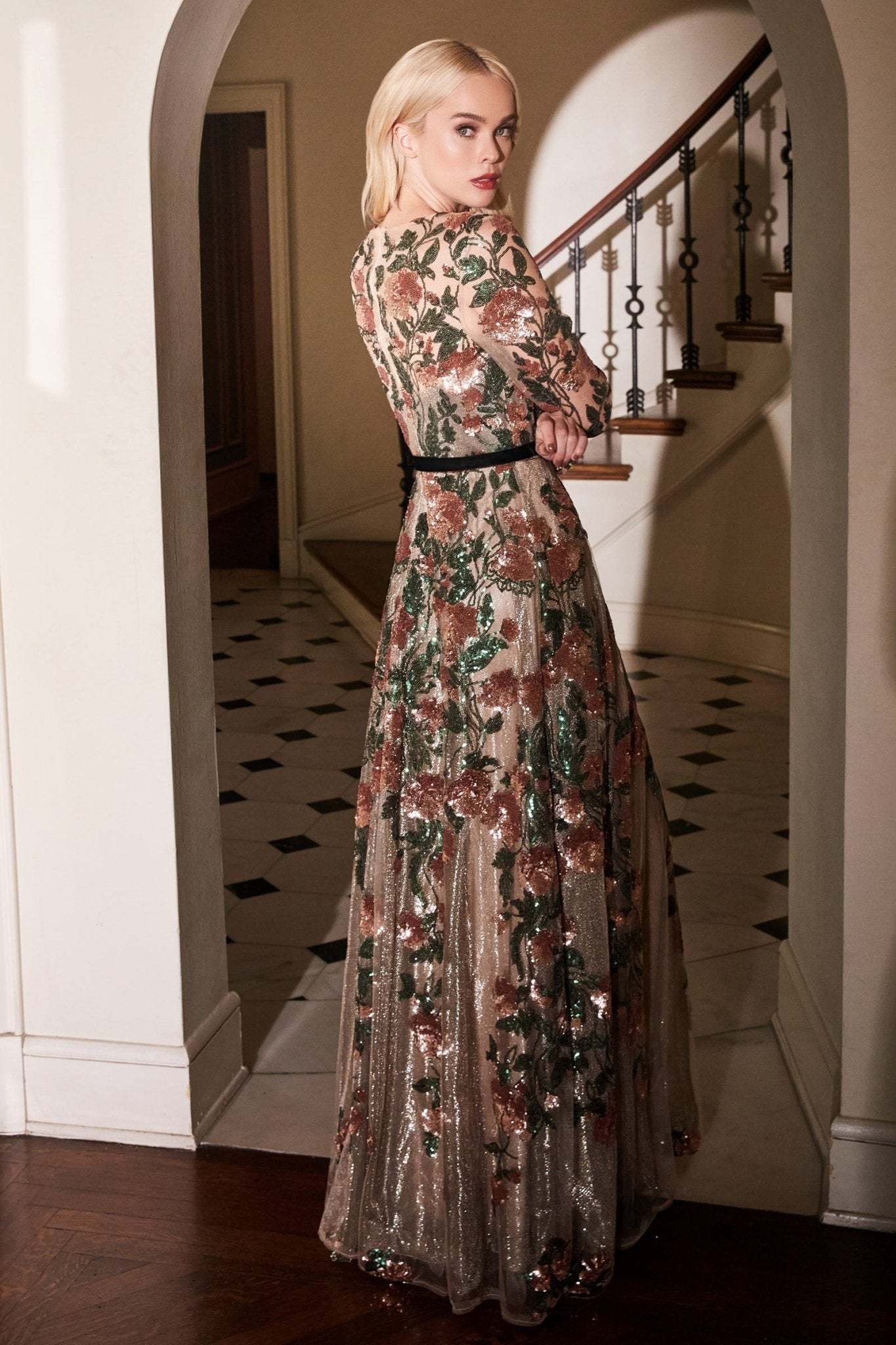 Savannah Long Sleeve Floral Sequined Lace A-Line Gown #A0926