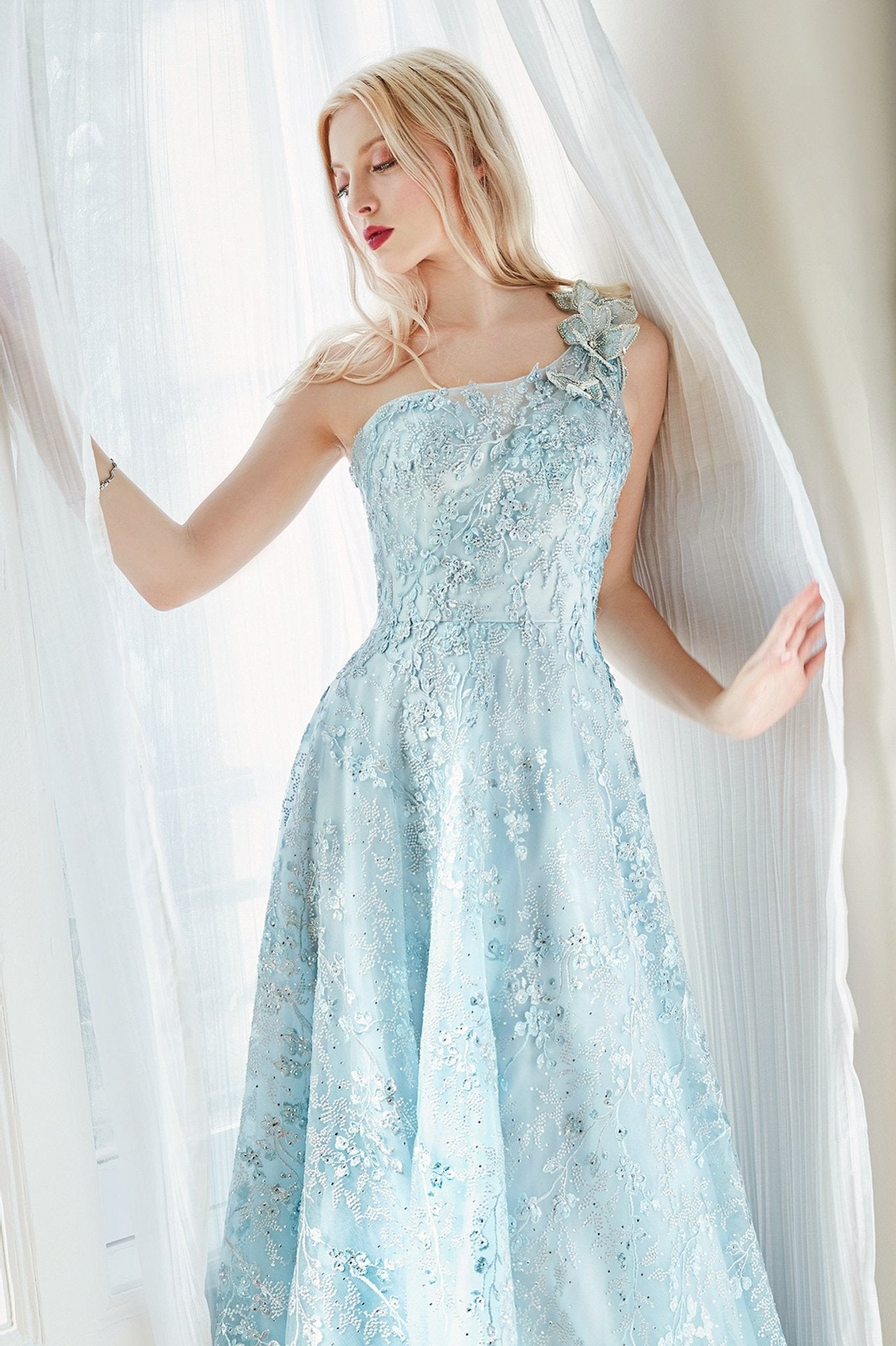 A-Line One Shoulder Cherry Blossom Sea Mist Blue Monique Gown #A0989