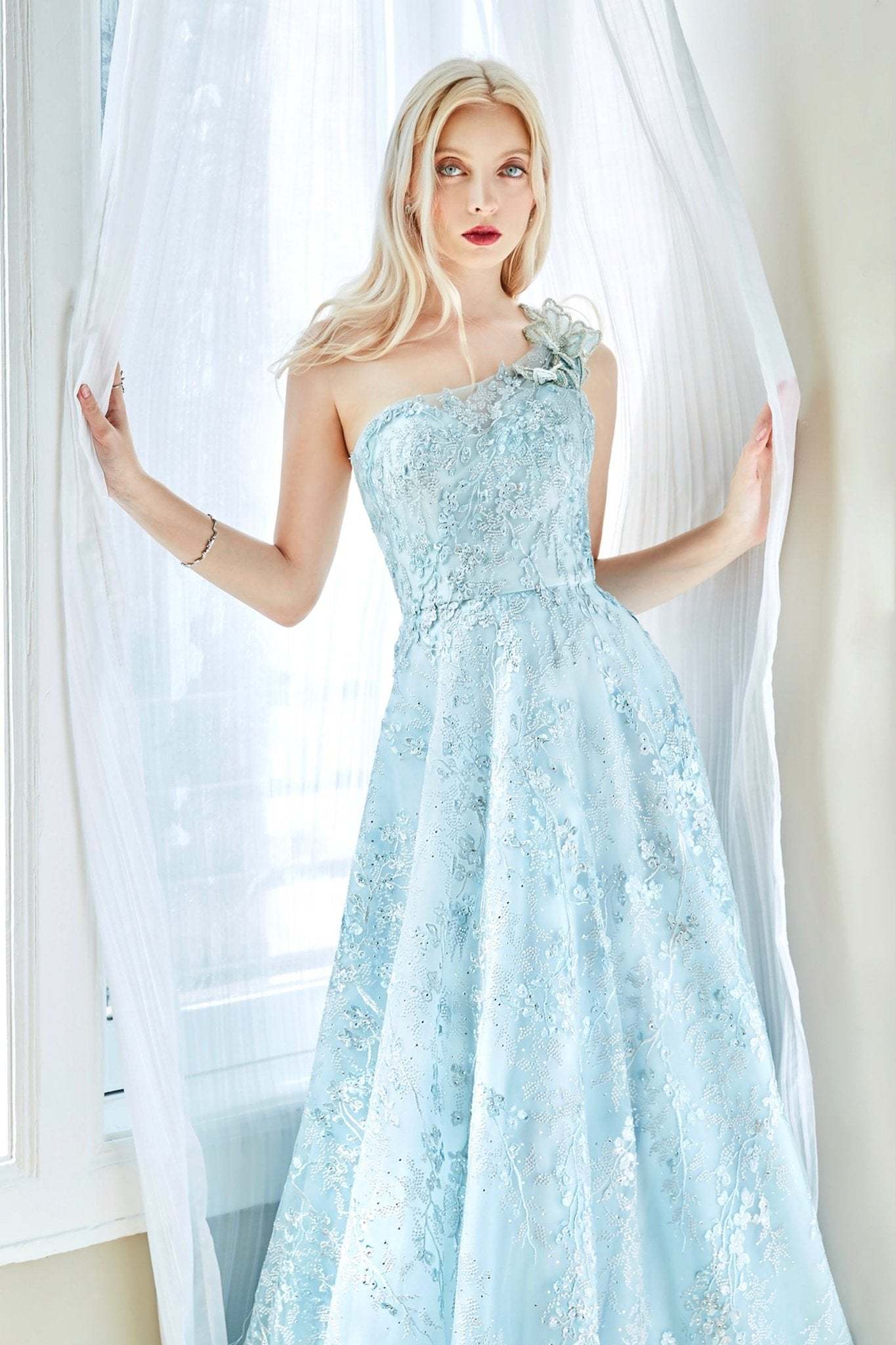 A-Line One Shoulder Cherry Blossom Sea Mist Blue Monique Gown #A0989