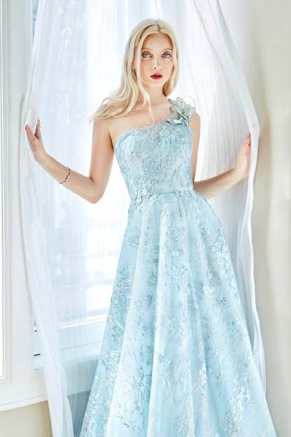 A-Line One Shoulder Cherry Blossom Sea Mist Blue Monique Gown #A0989