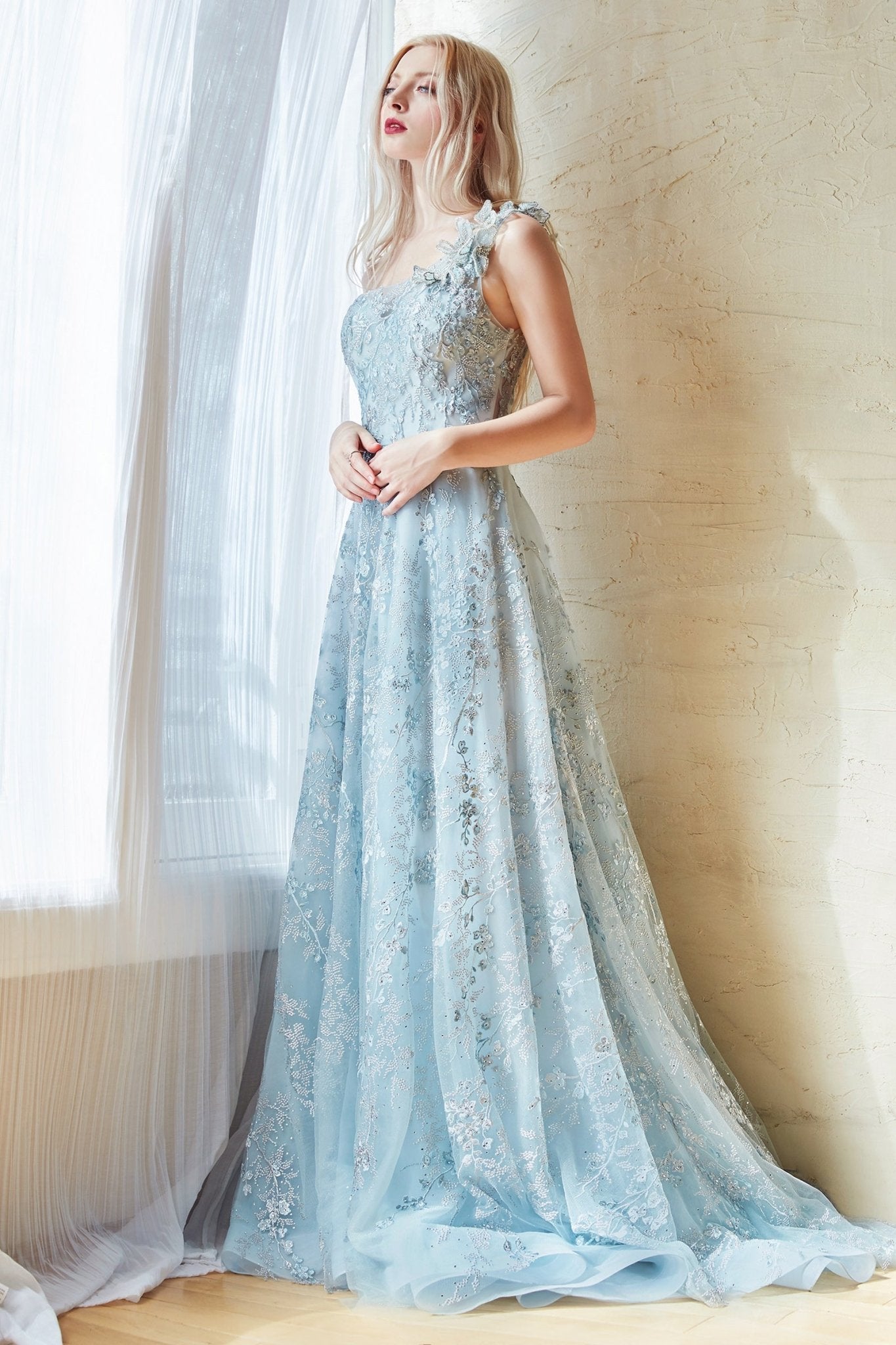 A-Line One Shoulder Cherry Blossom Sea Mist Blue Monique Gown #A0989
