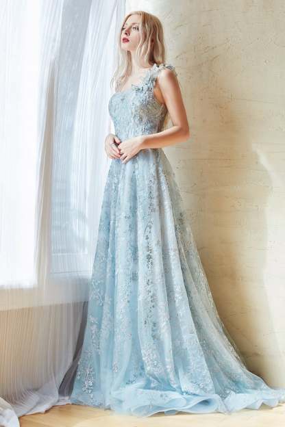A-Line One Shoulder Cherry Blossom Sea Mist Blue Monique Gown #A0989