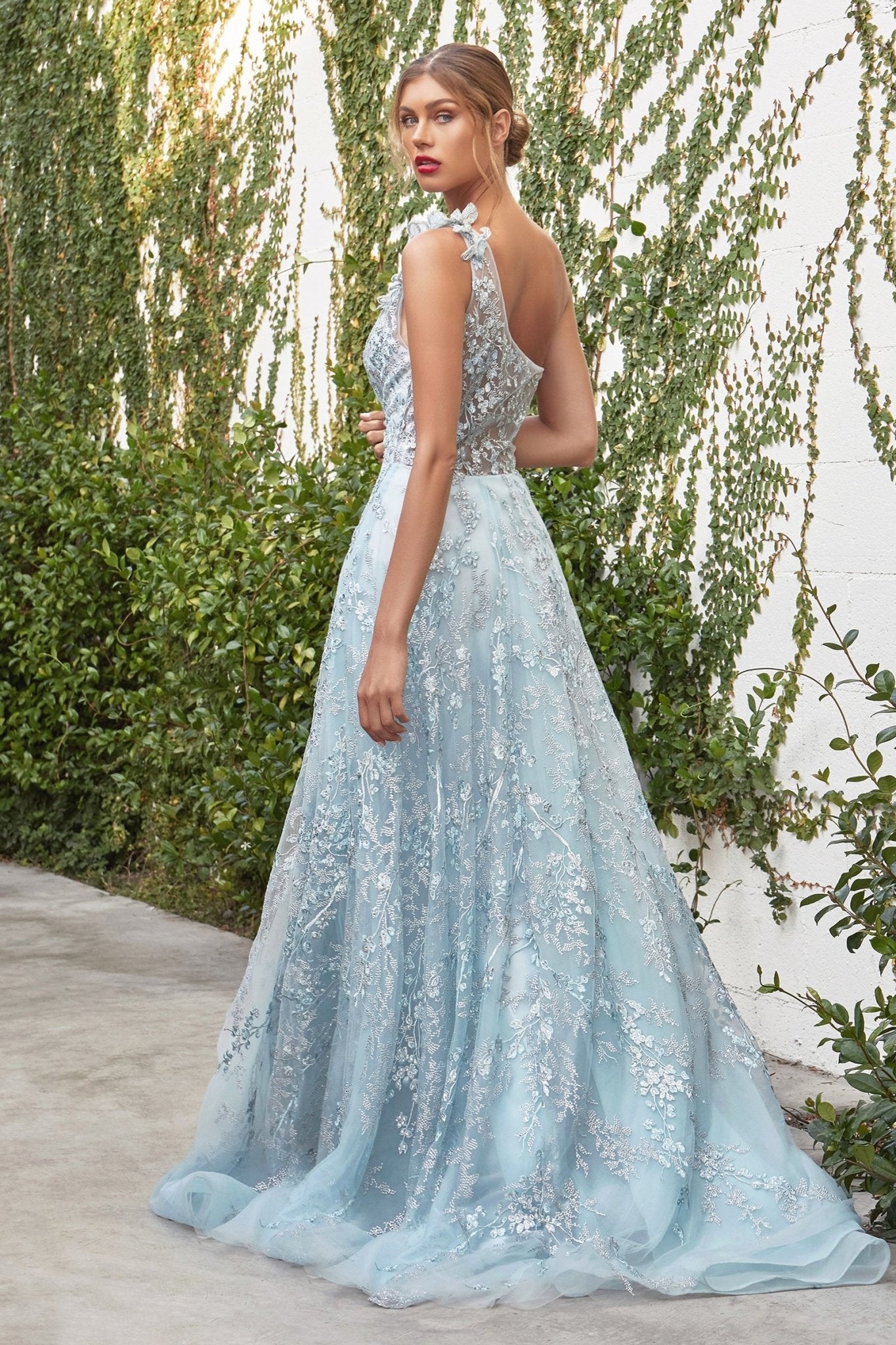 A-Line One Shoulder Cherry Blossom Sea Mist Blue Monique Gown #A0989