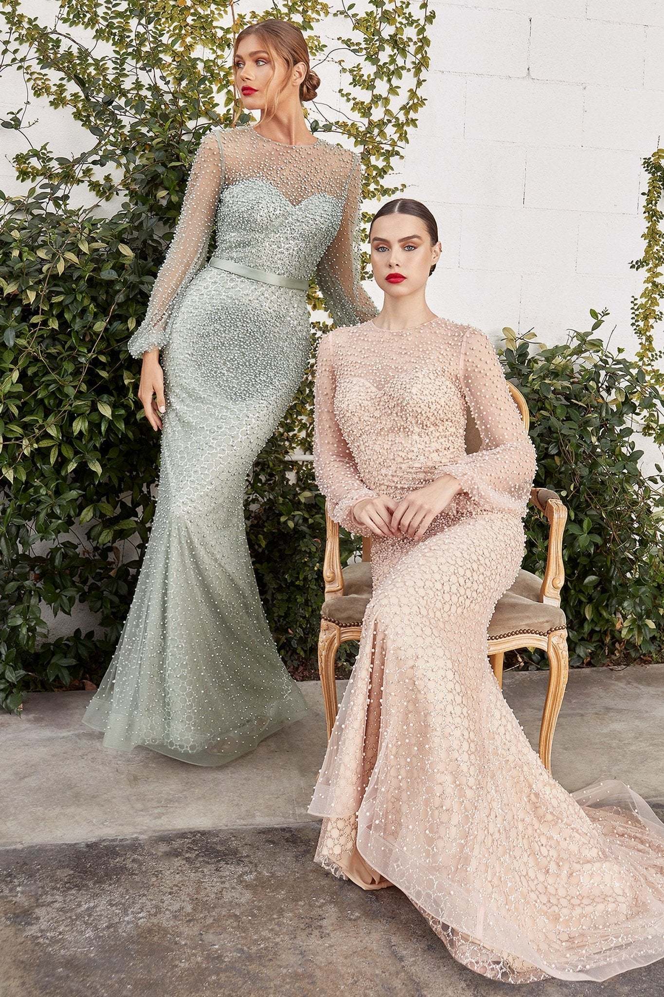 Fully Pearled Gathered Long Sleeve Sheath Gown #A0997