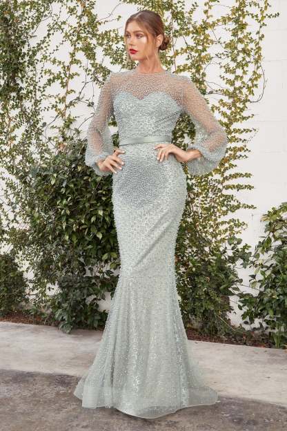 Fully Pearled Gathered Long Sleeve Sheath Gown #A0997