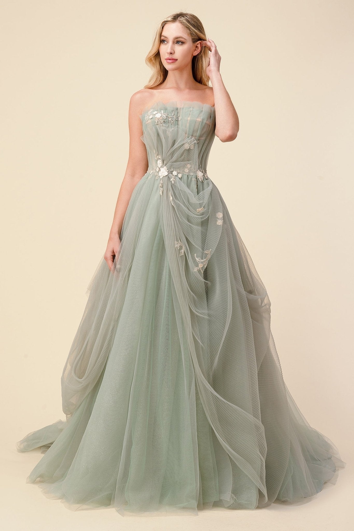 Delicate Sage Pleated Drape Tulle Ball Gown #A1015