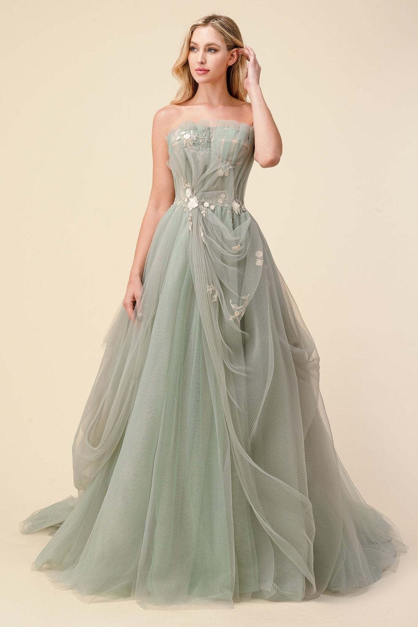 Delicate Sage Pleated Drape Tulle Ball Gown #A1015